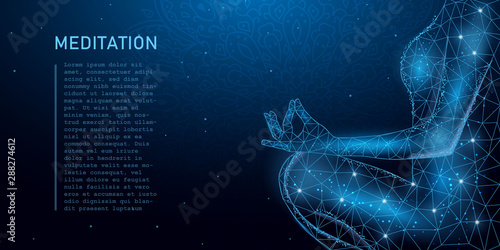 Meditation. Intelligence allegory meditating women. Vector illustration of a woman with stars and mandala, created in the style of low poly.