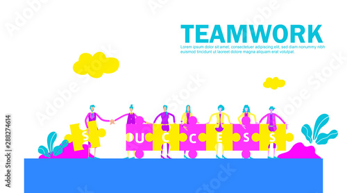 Teamwork concept arrange success text puzzle. Flat people wave hand each other on jigsaw to successful goal. Symbol of financial, cooperation, collaboration, partnership, mutual help. - Vector