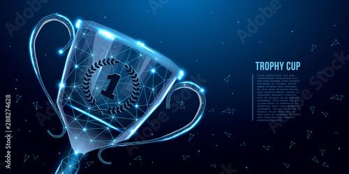 Trophy cup. Abstract image of a champion cup in the form of a starry sky or space, consisting of points, lines, and shapes in the form of stars. Low poly concept. Vector illustration.
