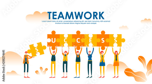 Business concept with puzzle. Teamwork metaphor. Little people raise their hand holding jigsaw to connect each with success text. Symbol of financial, cooperation, collaboration, partnership. - Vector