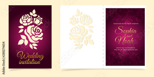 Laser cut template of wedding invitation with roses. Design for laser cut or die cut template. Ornamental wedding invite mockup. - Vector