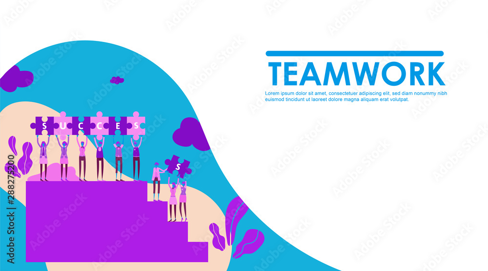 Business concept of vector illustration teamwork, little people raised and arrange the success text, climb the successful ladder, stairway symbol of problems and obstacles, cooperation. - Vector