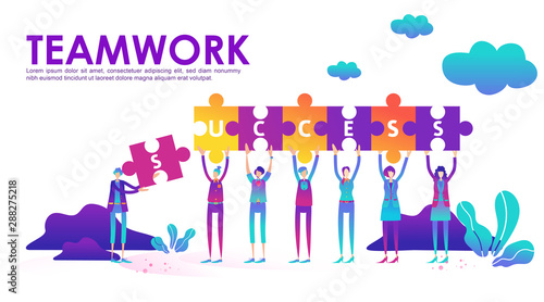 Business concept with puzzle. Teamwork metaphor. Little people raise their hand holding jigsaw to connect each with success text. Symbol of financial, cooperation, collaboration, partnership. - Vector
