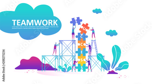 teamwork of people connecting puzzle elements with climbing stair and scaffolding to draw up success text . Business concept flat illustration can use for web banner, info graphics. - Vector