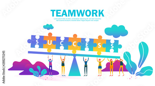 Teamwork concept with connecting puzzle and success word. Flat people holding the scales of jigsaw to successful goal. Symbol of cooperation, collaboration, partnership, balance. - Vector