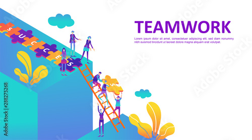 Teamwork of people connecting puzzle elements with climbing stair to arrange success text . Flat people help each other on jigsaw to successful goal. Symbol of cooperation, collaboration. - Vector