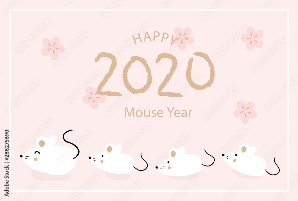 2020 mouse year, Japanese new year card design template. Hand drawn mouse illustrations