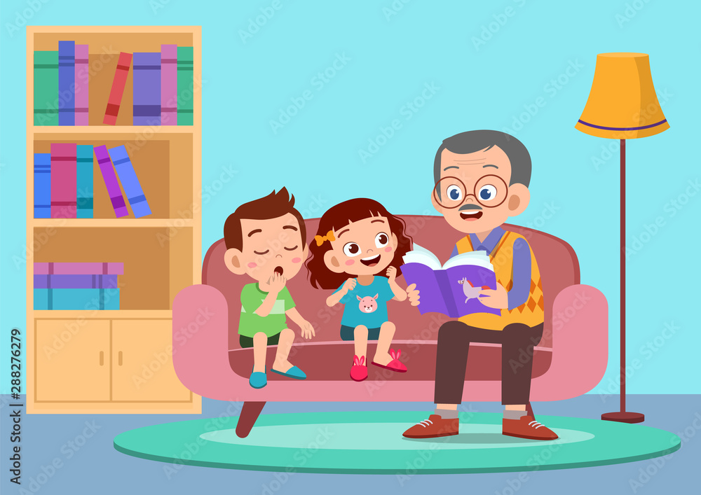 happy kids hear story from grandfather vector happy kids hear story from grandfather vector