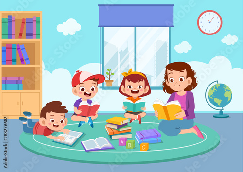 happy kids read book study together