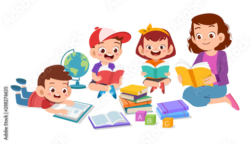 happy kids read book study together with teacher