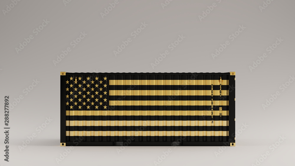 Black with Gold United States of America Flag Detail Intermodal Cargo Container Side View 3d illustration 3d render Black with Gold United States of America Flag Detail Intermodal Cargo Container Side View 3d illustration 3d render