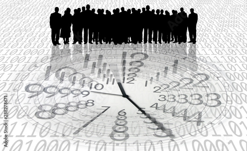 conceptual technology image of silhouetted group of business people and clocks over binary code