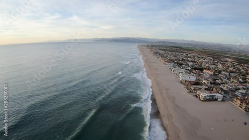 Oxnard Shores California USA Beach Coastline Aerial Flyover Going North Along Waters Edge