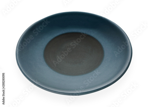 Empty ceramic plates, Classic dark blue plate isolated on white background with clipping path, Side view