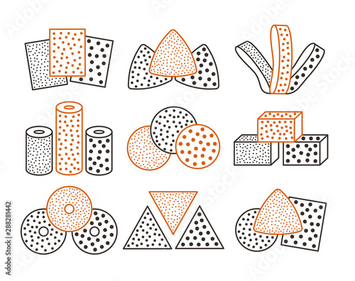 Sandpaper sheets, discs, rolls, triangles. Vector illustration of sanding abrasive paper. Colorful line icon set of glasspapers. Isolated objects