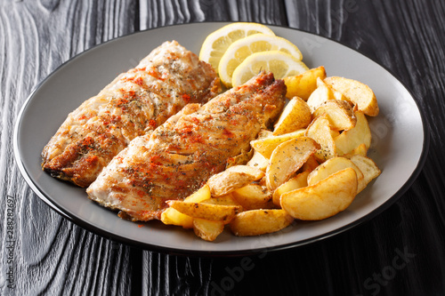 Photography grilled fish mackerel fillet with a side dish of fried potatoes close-up on a plate