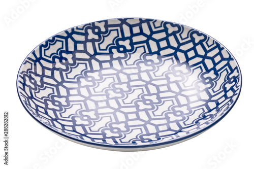 Ceramics decorative plates, Blue and white pottery plate isolated on white background with clipping path, Side view 