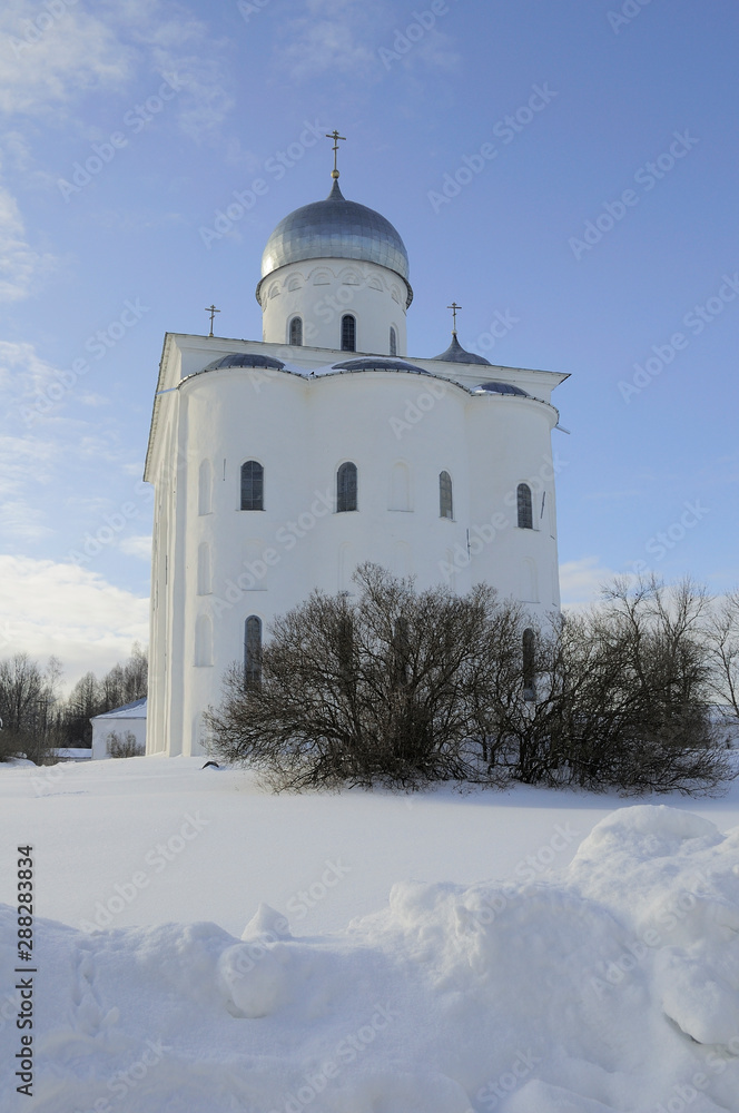 The ancient Cathedral of St. George monastery, early spring. Veliky Novgorod