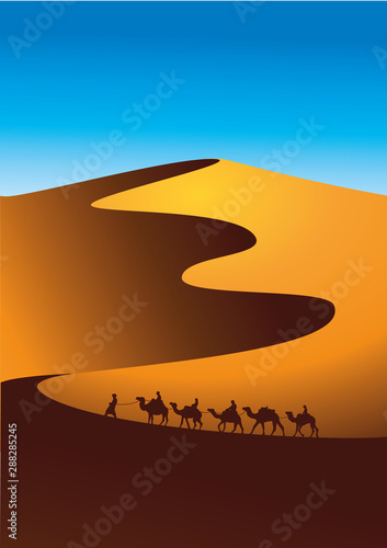 Camel caravan goes through the desert landscape. Vector illustration of Sahara or Namibia desert.