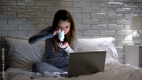 Photography Insecure girl taking many pills, life troubles and depression, suicide attempt