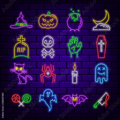 Set of neon Halloween themed icons on a dark brick background.