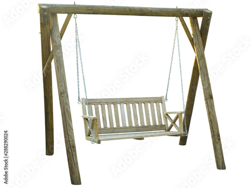 Classic wooden outdoor hanging swing bench furniture isolated on white background photo