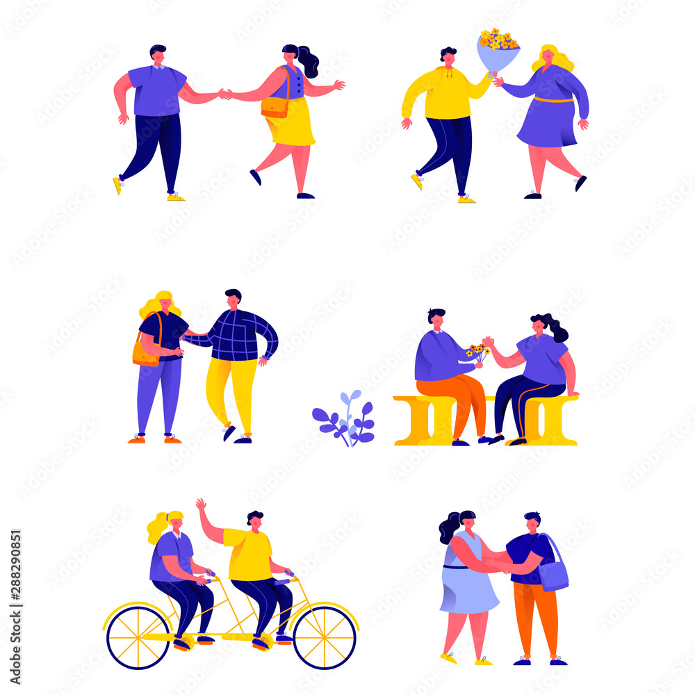 Set of flat people lonely girl surrounded by happy romantic couples characters. Cartoon tiny people on street isolated on white background. Flat vector Illustration. Collection people characters.