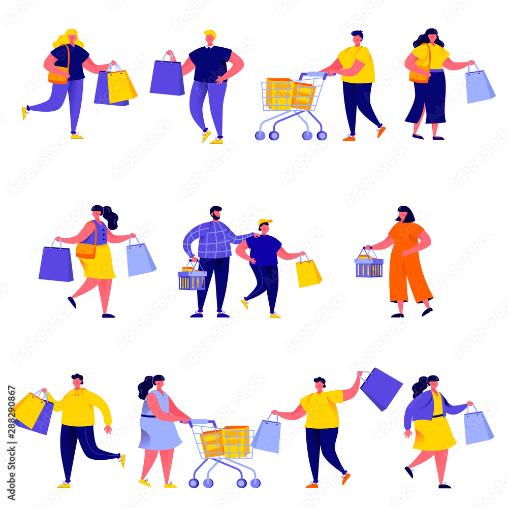 Set of flat people carrying shopping bags with purchases characters. Cartoon tiny people on street isolated on white background. Flat vector Illustration. Collection people characters.