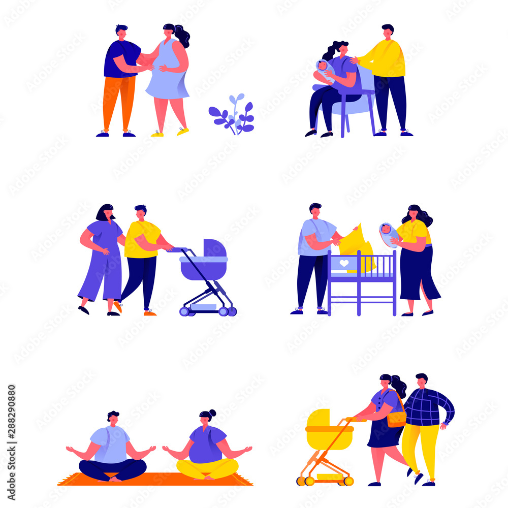 Fototapeta premium Set of flat people pregnancy and maternity scenes characters. Cartoon tiny people on street isolated on white background. Flat vector Illustration. Collection people characters.