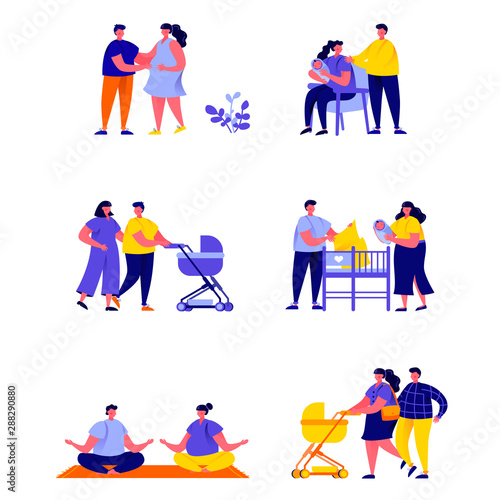 Set of flat people pregnancy and maternity scenes characters. Cartoon tiny people on street isolated on white background. Flat vector Illustration. Collection people characters.