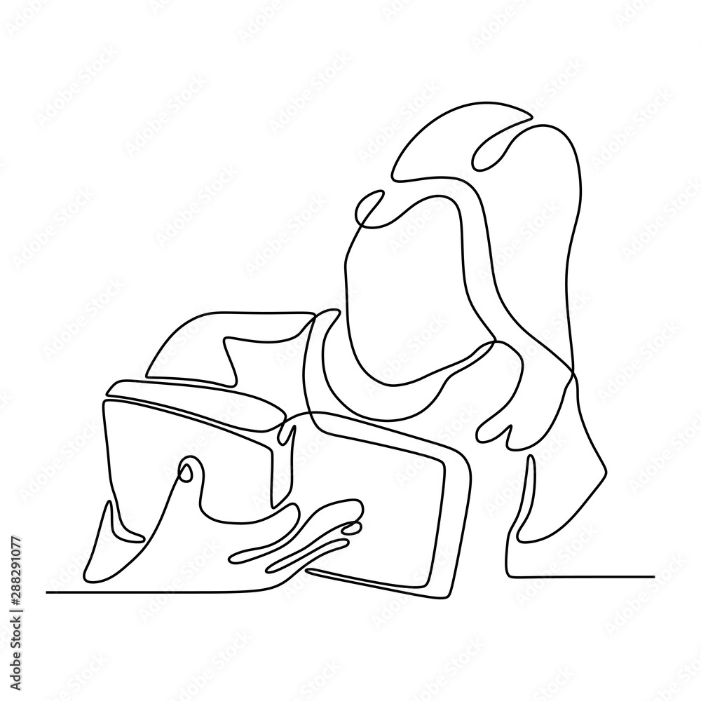 Teenager Girl Reading Book Continuous One Line Vector Illustration