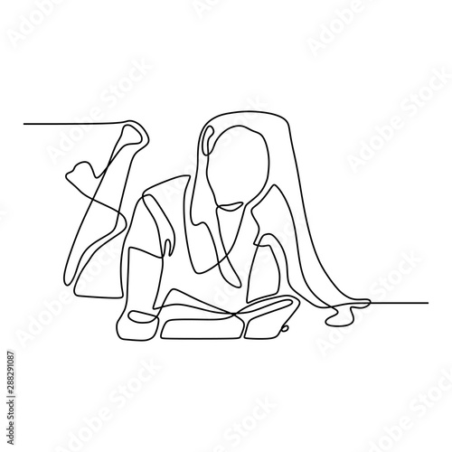 Continuous line drawing teenager girl reading book vector illustration minimalist concept education back to schhol theme. photo