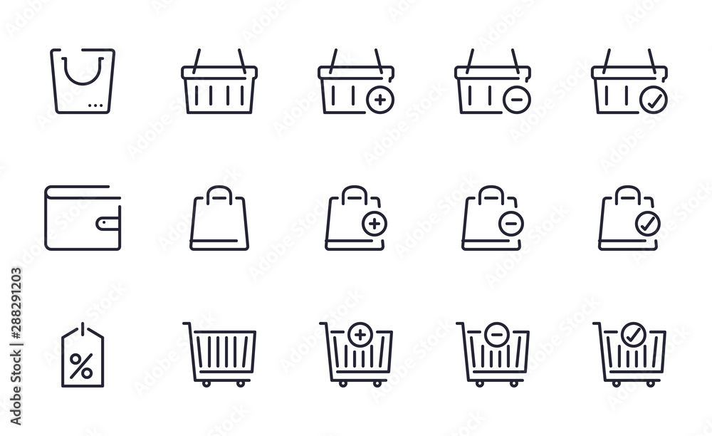 E shopping icons set outline style E shopping icons set outline style