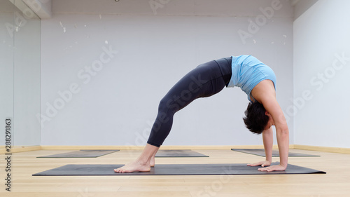 Young attractive woman practicing yoga standing in Bridge exercise Urdhva Dhanurasana pose working out wearing sportswear blue to and black pants in yoga classroom  indoor full length.