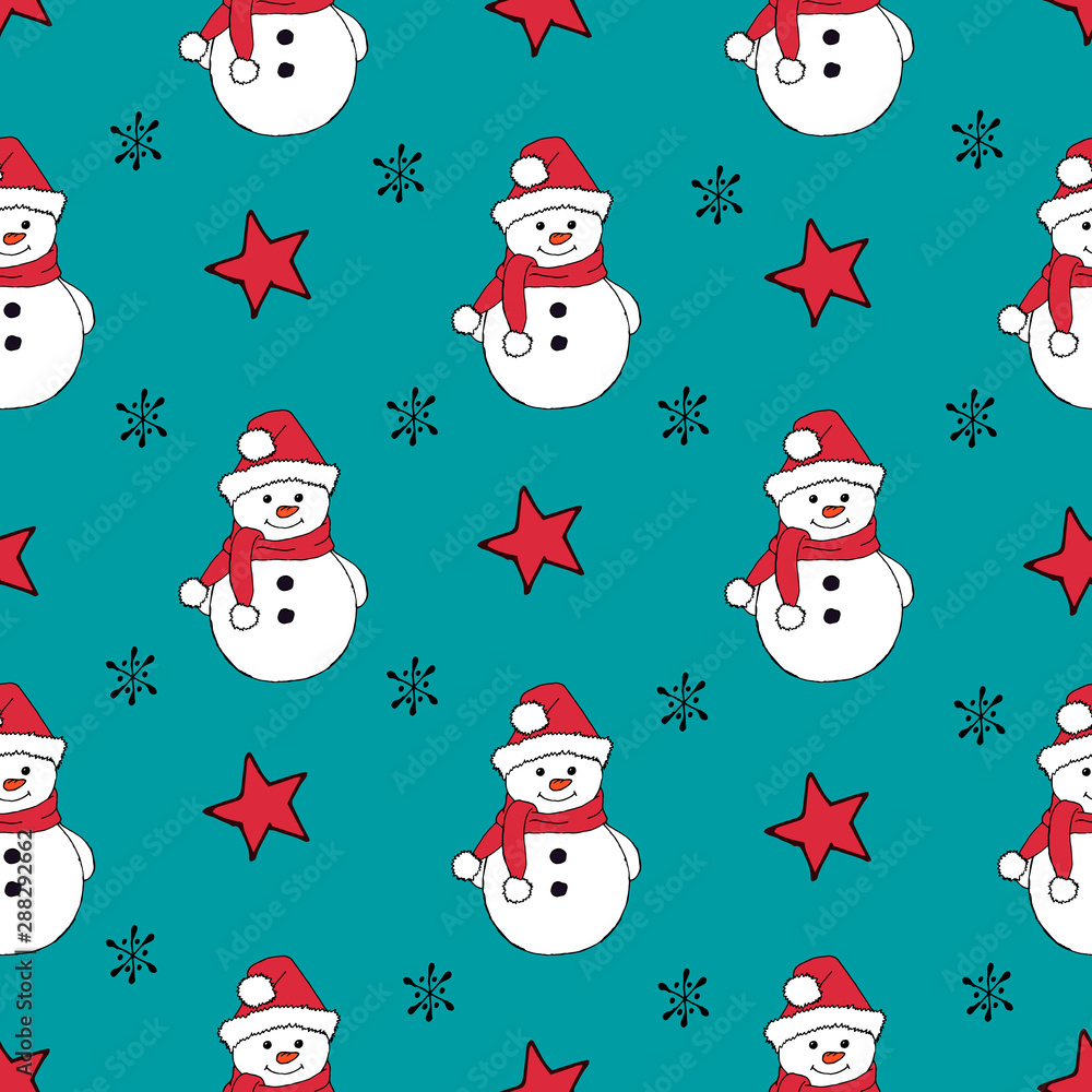 Christmas seamless pattern with snowman, fir trees and snowflakes. Perfect for wallpaper, wrapping paper, pattern fills, winter greetings, web page background