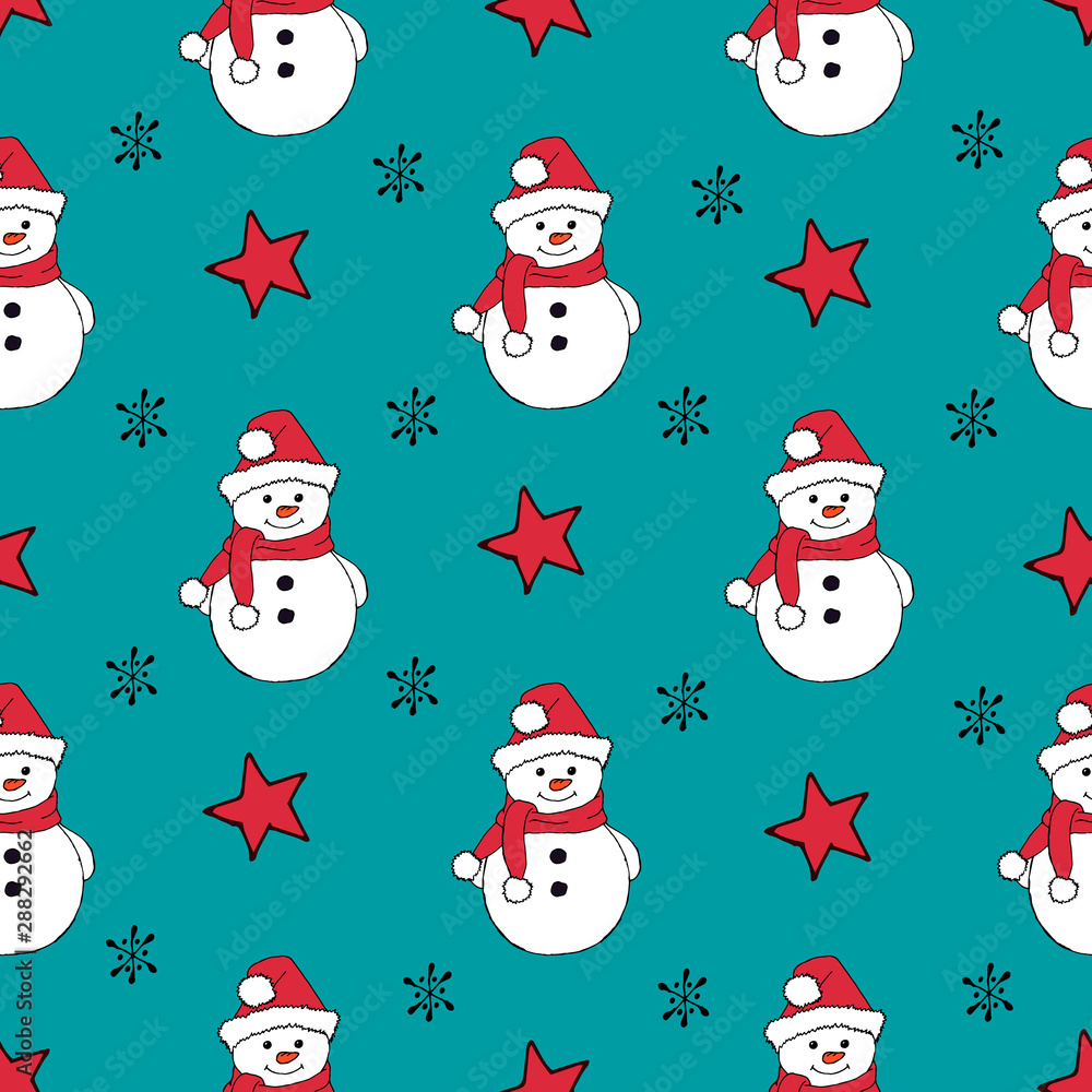 Christmas seamless pattern with snowman, fir trees and snowflakes. Perfect for wallpaper, wrapping paper, pattern fills, winter greetings, web page background Christmas seamless pattern with snowman, fir trees and snowflakes. Perfect for wallpaper, wrapping paper, pattern fills, winter greetings, web page background