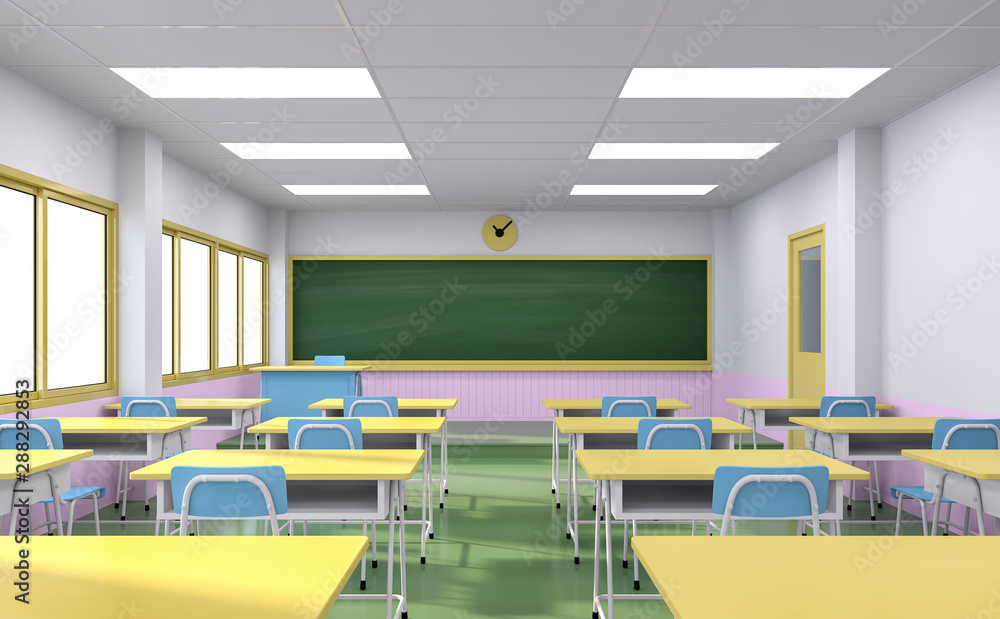 Cartoon style classroom interior concept with colorful school desks and