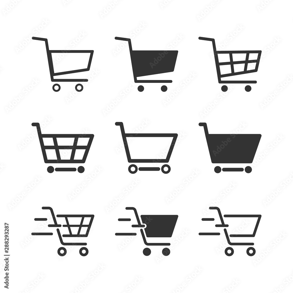 Set of black cart icons, Symbols of shopping, and checkout. Design element on white background. Fast feeling. Online shopping concept. Vector illustration.
