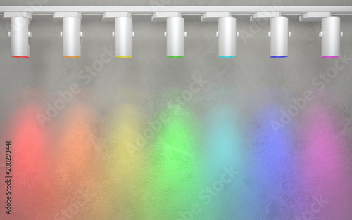 Seven spotlights shine on the wall with colored light rainbow colors. Creative conceptual illustration with copy space. 3D rendering.