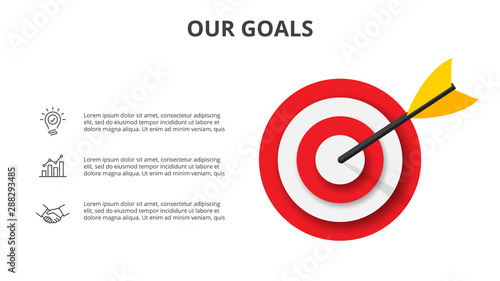 Target with dart, icons and text. Infographic template presentation. Goal achievement.
