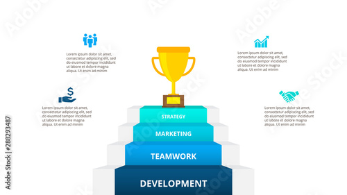 Four steps with a golden cup at the top. Growth infographic design concept.