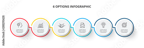Thin color lines with 6 white circles. Six circles infographic elements. Business template for presentation