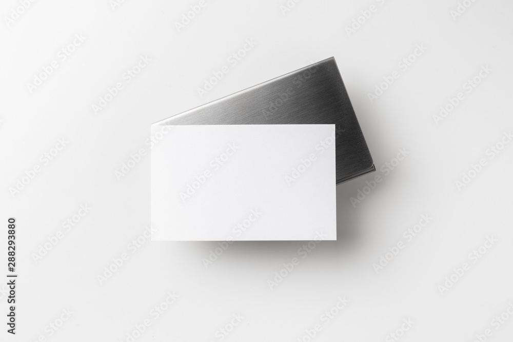top view of business card with case on white top view of business card with case on white