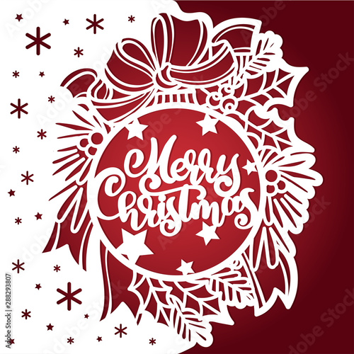 Template for laser cutting. Christmas ball with text merry christmas. Branches ate, bow. Vector