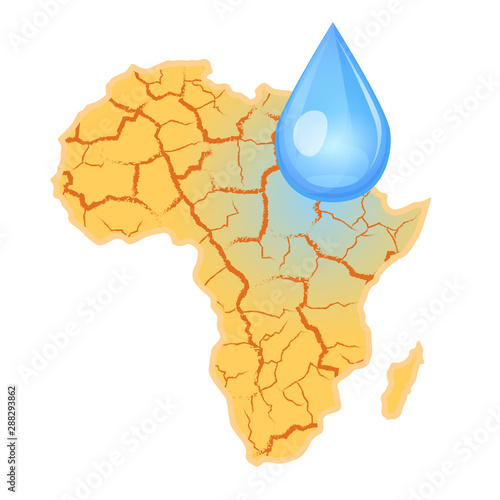 Africa needs water. Water scarcity concept. Drought in Africa and a drop of water. Vector illustration, isolated, white background.