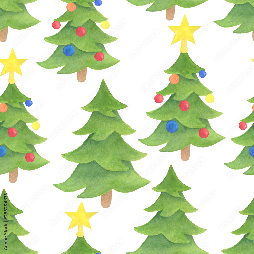 Fototapeta premium Watercolor decorated Christmas tree seamless pattern. Hand drawn evergreen plants, balls, star topper isolated on white background. Spruce backdrop for design, cards, kids illustration, wrapping paper