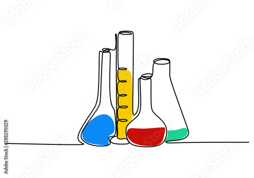 one line drawing chemical science flask. Scientific technology research medicine glass equipment design one sketch outline drawing vector illustration
