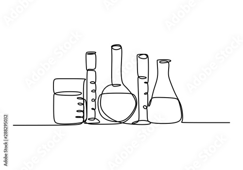 Continuous line art drawing chemical science flask. Scientific technology research medicine glass equipment design one sketch outline drawing vector illustration