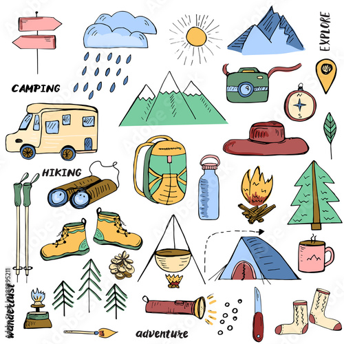 Hand drawn elements related to hiking, camping and travelling in mountains