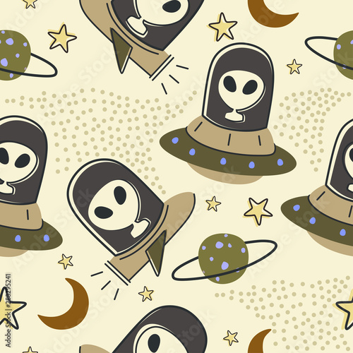 Childish drawing seamless pattern with aliens, ufo in space cosmos cute illustration vector scandinavian style